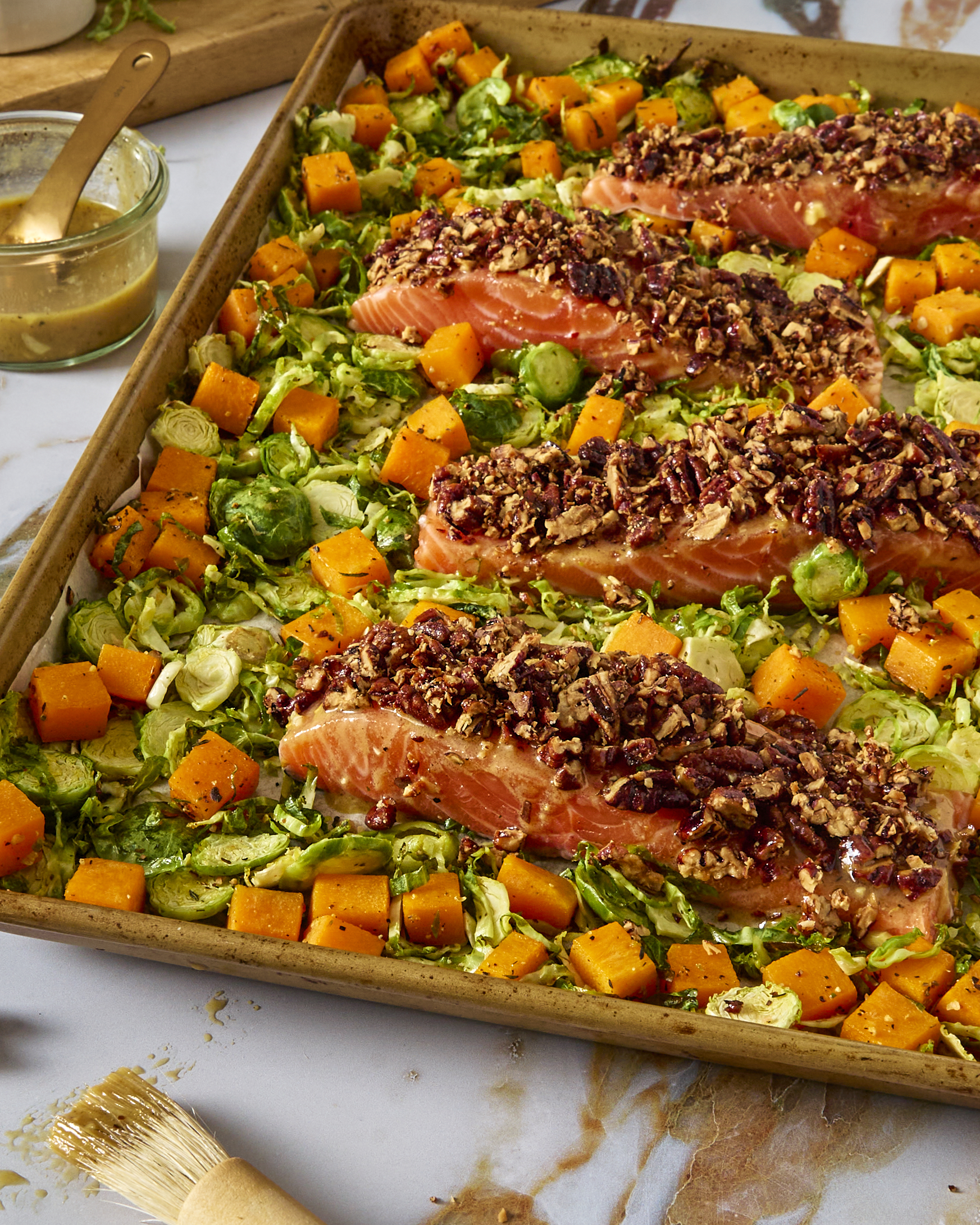 sheet pan fall veggies and pecan salmon