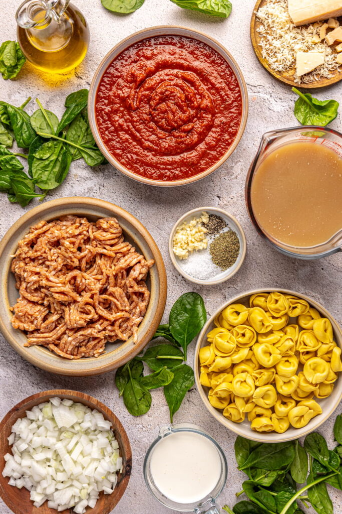 ingredients for creamy tomato tortellini soup.