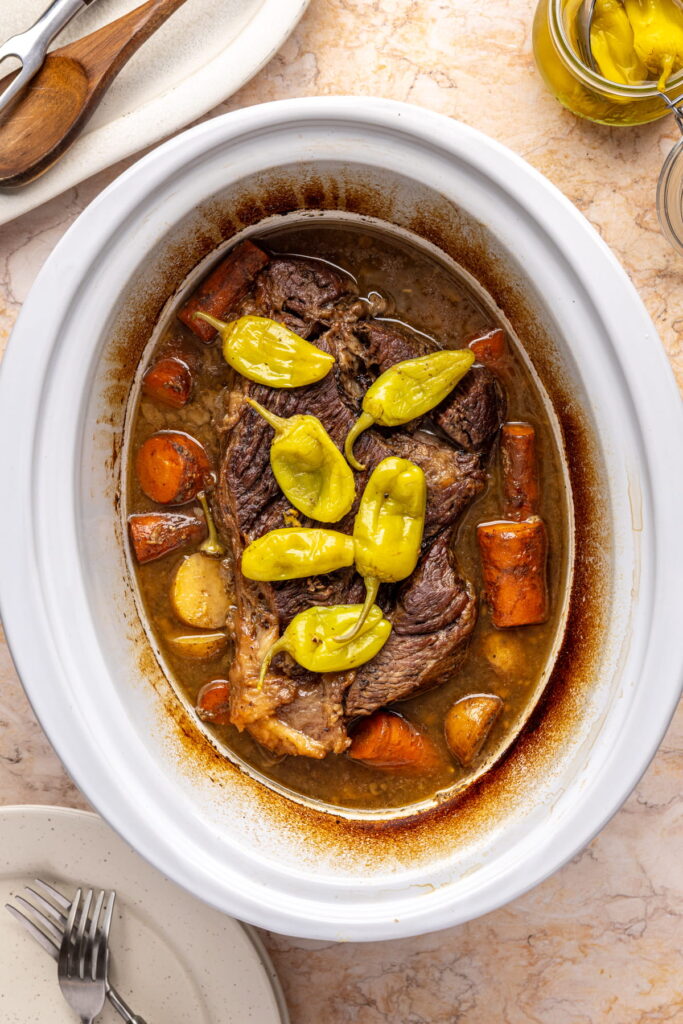 Mississippi pot roast in a slow cooker