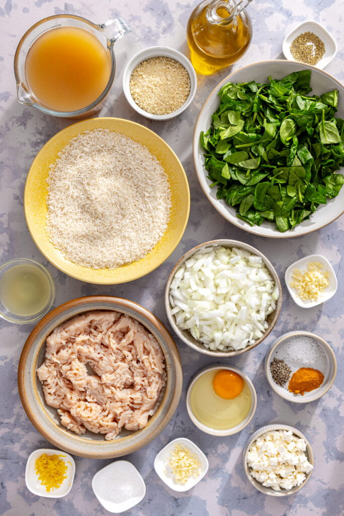 one pan chicken meatballs and turmeric rice ingredients