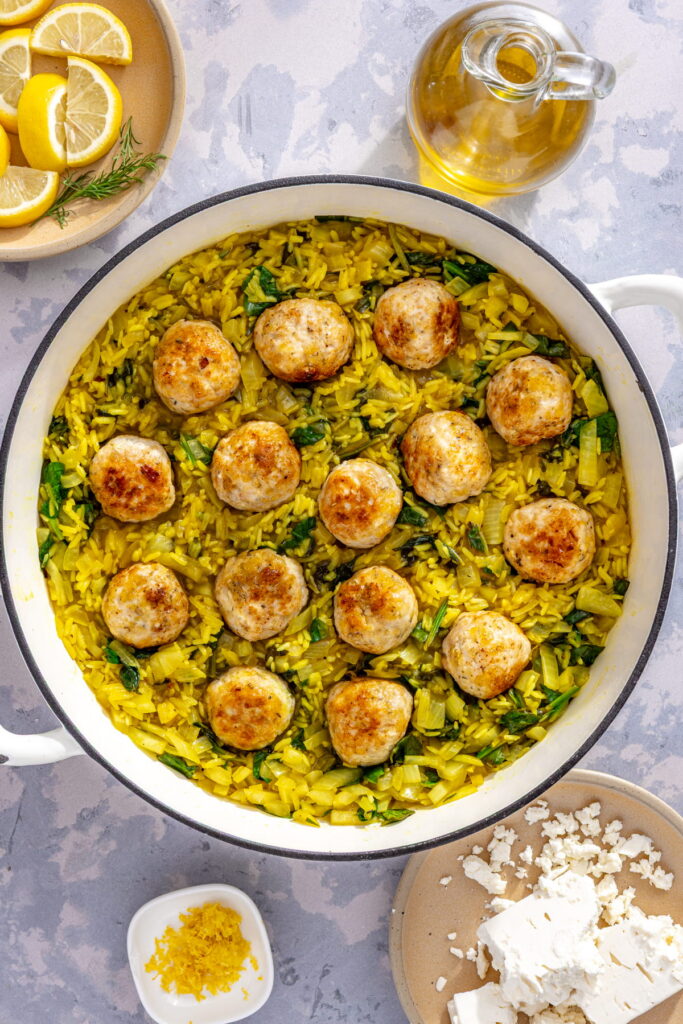 one pan chicken meatballs with lemon turmeric rice