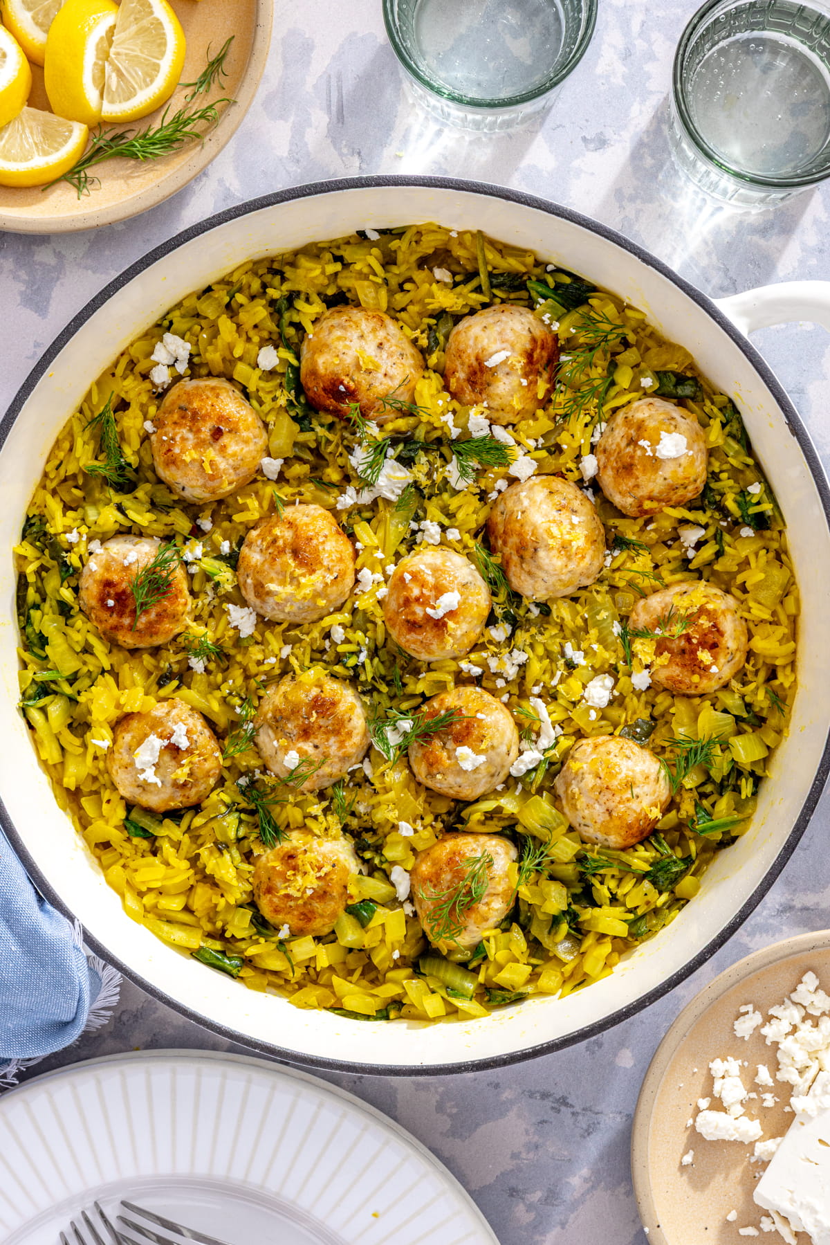 one pan chicken meatballs with lemon turmeric rice