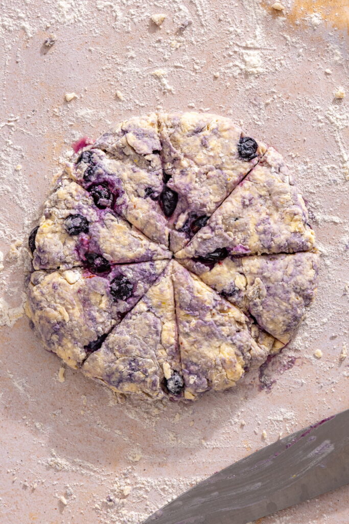 blueberry scone dough shaped into a circle and cut in 8 triangular pieces on a floured surface