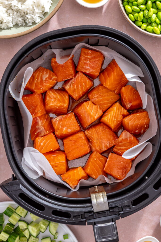 salmon in an air fryer basket