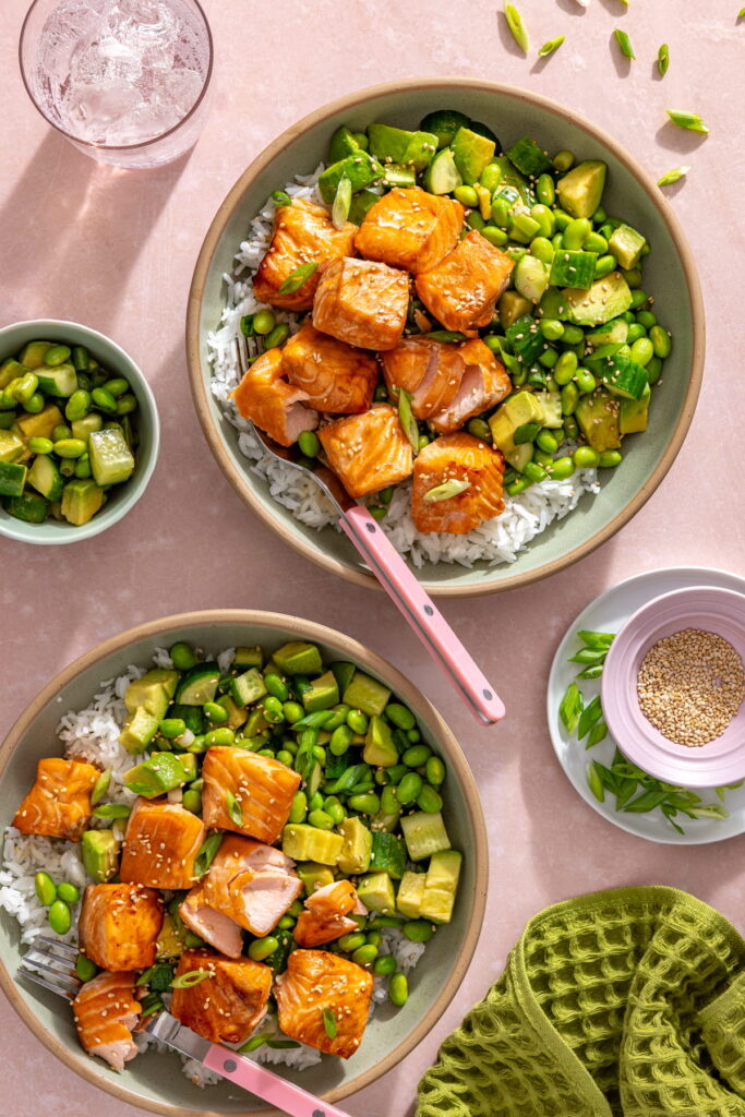 teriyaki salmon bowls with avocado edamame salad