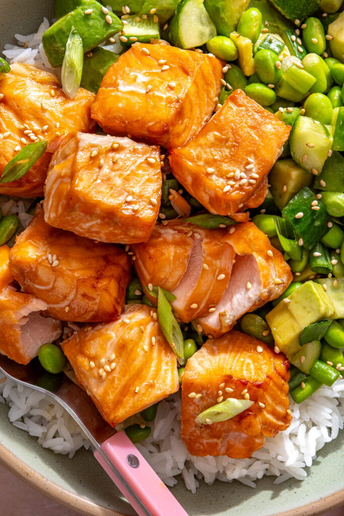 teriyaki salmon bowls with avocado edamame salad