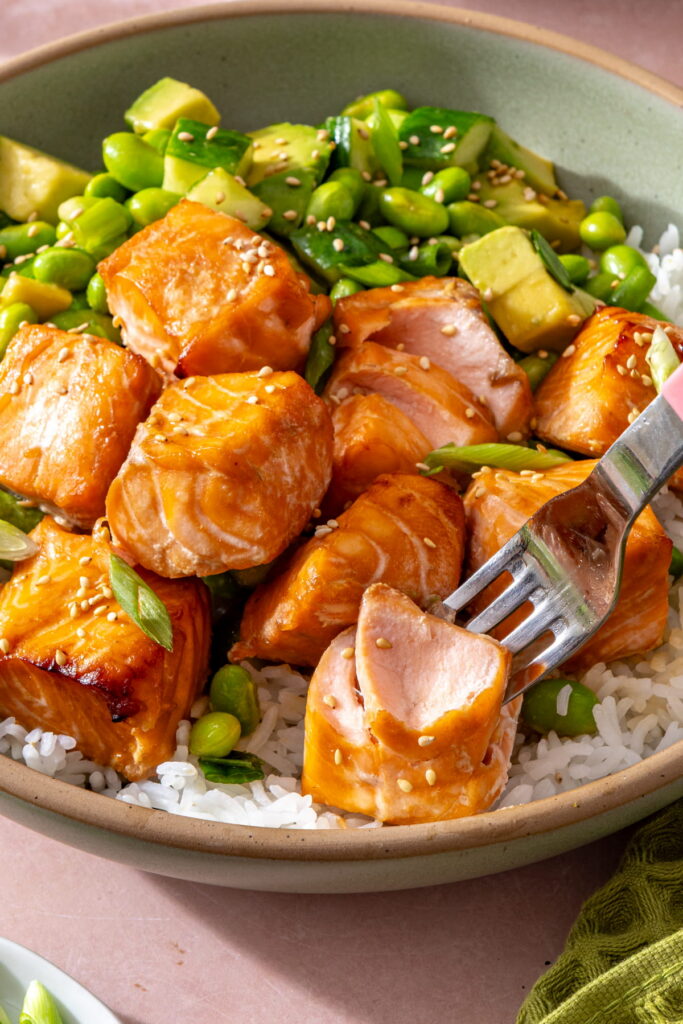 teriyaki salmon bowls with avocado edamame salad