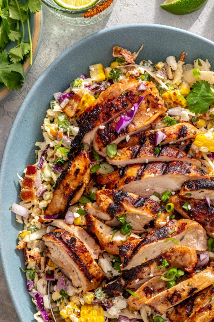 grilled corn slaw with feta and chicken