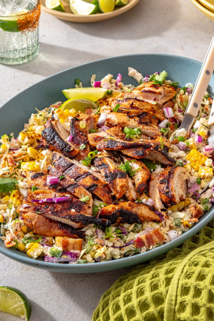 grilled corn slaw with feta and chicken.
