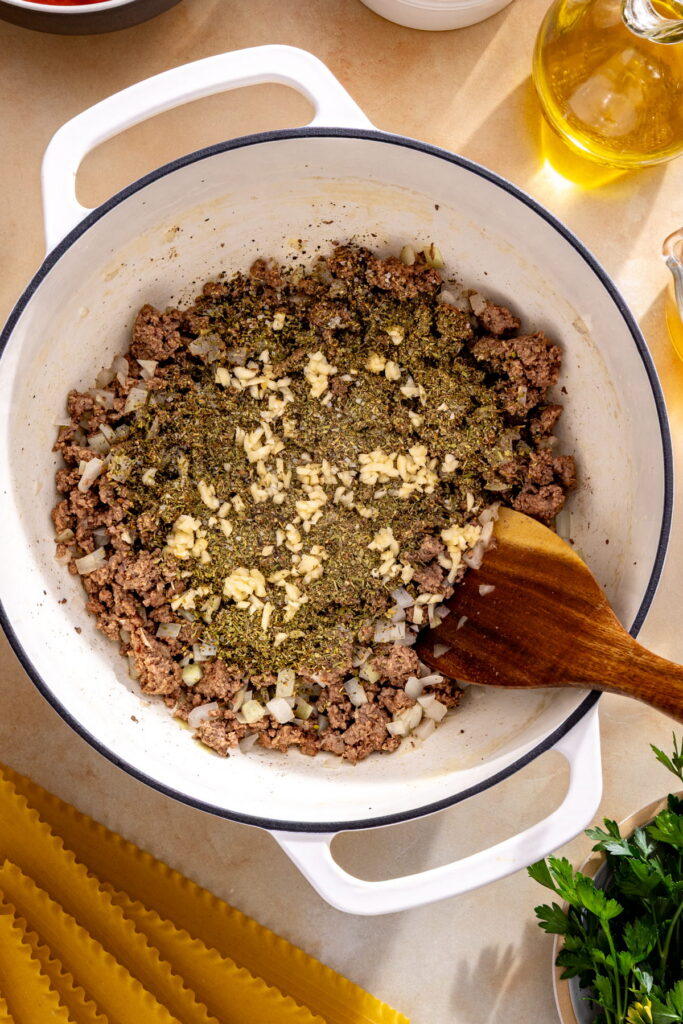 ground beef, onion, garlic, and spices in a pan