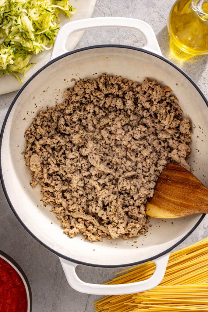 ground meat cooking in a pot