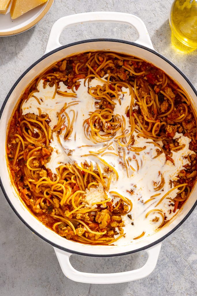 one pot hidden veggie spaghetti with heavy cream added